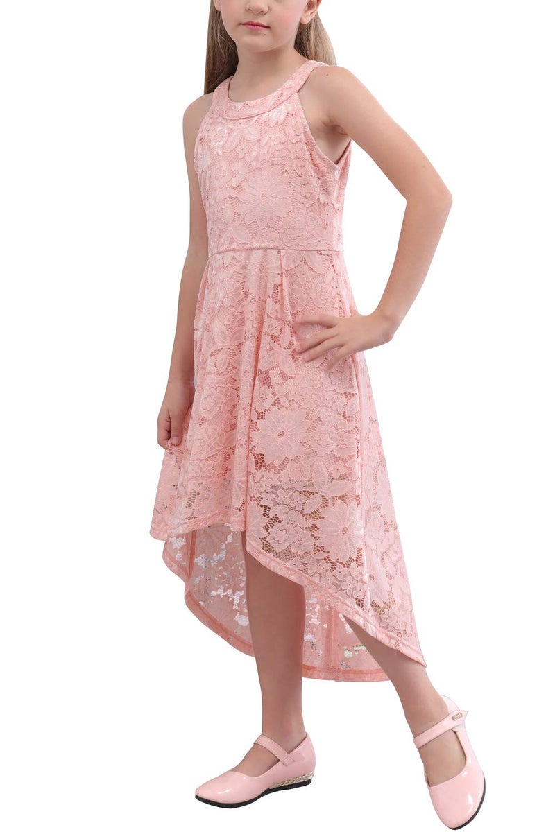 GORLYA Girl's Elegant Halter Neck Floral Lace Hi-Lo Flower Girl Birthday Party Dress for 4-14T Kids (GOR1027, 13-14Y, Pink) - Image 1